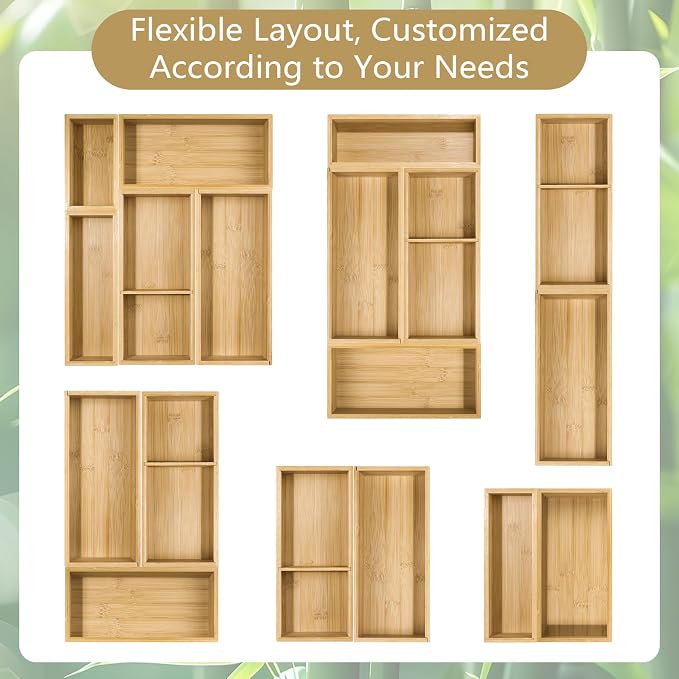 5 Pack Bamboo Drawer Organizer Set, Multi-Use Junk Drawer Organizer for Bathroom, Kitchen, Office, Jewelry, Makeup