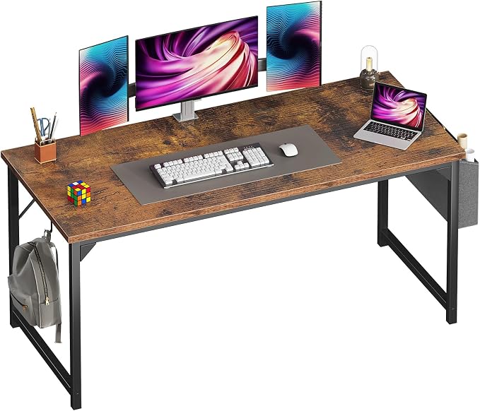 OLIXIS 63 Inch Computer Desk for Home Office, Writing Study Craft Gaming Table, Modern Computer Workstation with Storage Bag and Headphone Hook for Bedroom Small Spaces, Rustic Brown