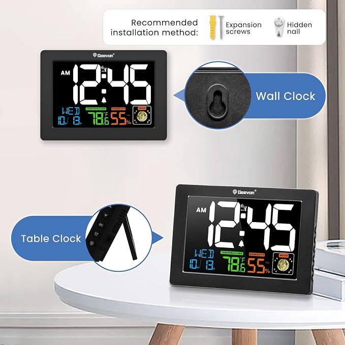 Geevon Atomic Clock 5.9" Color Display with Temp & Humidity | Digital Wall Clock Self-Setting,Moon Phase,Battery or DC Adapter Powered,Large Display for Bedroom Living Room Office