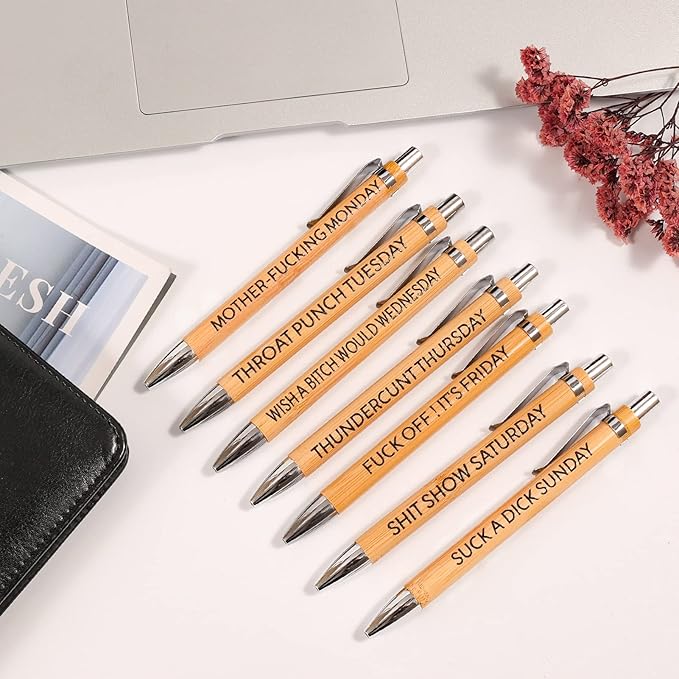 7Pcs Funny Work Pens for Adults Funny Sarcastic Gifts Funny Bamboo Pens Swear Word Daily Pen Set Seven Days of The Week Pen The Office Gifts for Women Men Coworkers Fun Desk Accessories