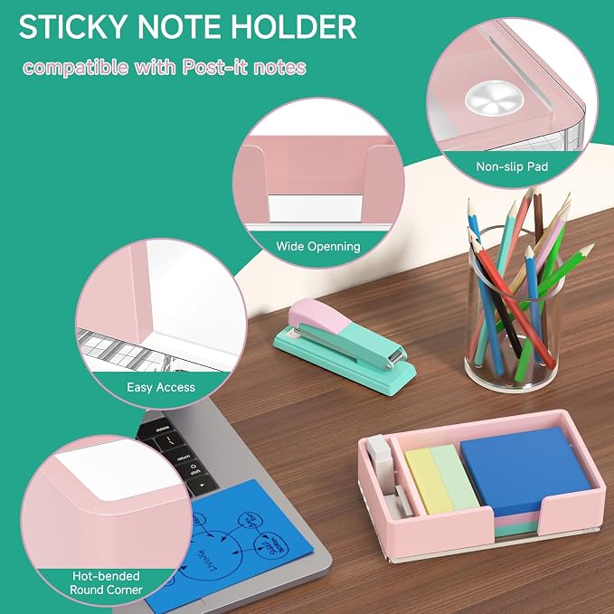 Sticky Note Holder with Pen Slot, Pink Acrylic Notepad Holder 4x6 in Self-Stick Note Dispenser Office Desk Accessories, Memo Pad Holder Organizer for Classroom School Supplies