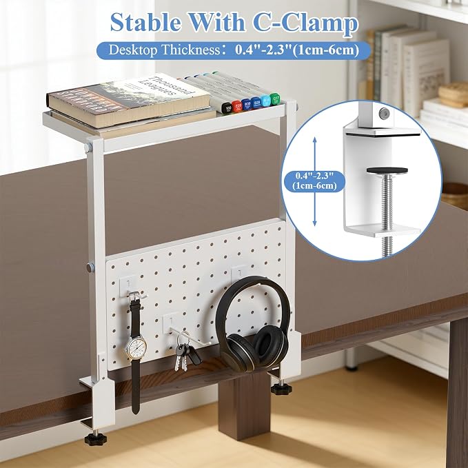 Jumyee 2-Tier Side/Top Clamp On Desk Shelf With Magnetic Pegaboard(White) | Adjustable Desk Pegboard Tray & Magnetic Accessories, No-Drill Clamp On Desk Organizer Pegboard with 6 Hooks