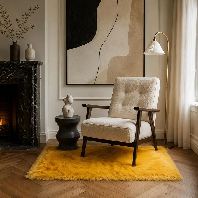 EasyJoy Faux Sheepskin Rug, Fluffy Faux Fur Rug, Ultra Soft Shag Area Rug with Non-Slip Backing for Bedroom, Living Room, Nursery, Kids Room(2 x 4 ft Rectangle, Golden Yellow)