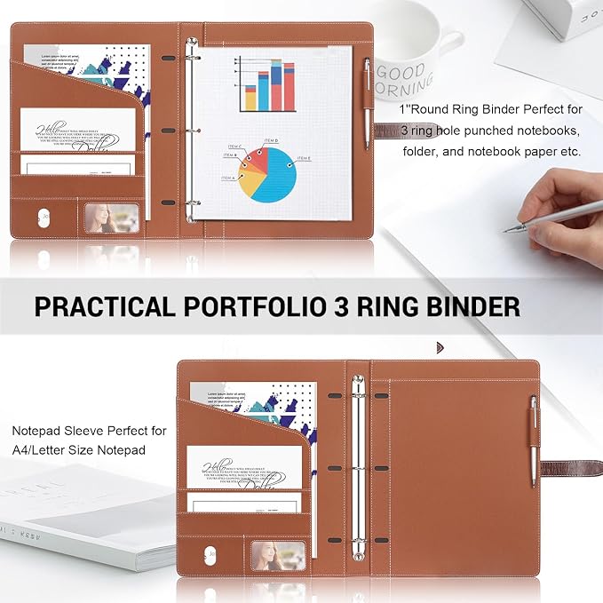 Toplive Padfolio 3 Ring Binder Organizer Business Portfolio Folder, A4/ Letter Size PU Leather Binder Portfolio Padfolio for Interview Conference Presentation, Brown
