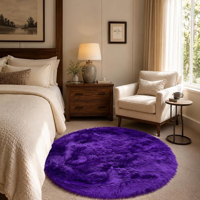 EasyJoy Faux Sheepskin Rug, Fluffy Faux Fur Rug, Ultra Soft Shag Area Rug with Non-Slip Backing for Bedroom, Living Room, Nursery, Kids Room(4 x 4 ft Round, Dark Purple)