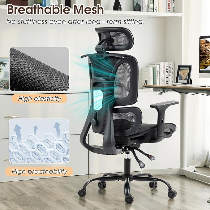 ECOTOUGE Black Ergonomic Mesh High Back Office Chair | Lumbar Support, Adjustable Headrest, 3D Armrests, Reclining, Breathable Mesh, Sturdy Base, 360° Swivel, for Office, Gaming