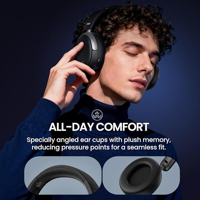 acer OHR516 Active Noise Cancelling Headphones, Over Ear Wireless Bluetooth, 60H Playtime, 40mm Drivers, Low-Latency Mode, ENC Clear Calls, Foldable Comfortable Design (Black)