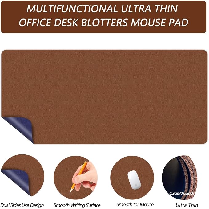 Writing Desk Pad Laptop Mat PU Leather Desk Blotter Pad Waterproof Durable Desk Mat Dual-Sided Writing Mat 16 X 24 Inch Anti-Slip Table Pad Protector for Office & Home (Espresso Brown/Midnight Blue)