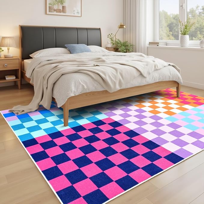 Terrug Multicolored Checkered Rug for Living Room,5x7 Area Rugs Washable with Non Slip for Bedroom,Soft Low Pile Stain Resistance Retro Carpet for Dorm Kids Room
