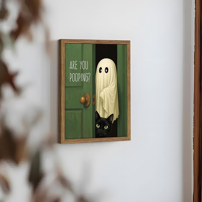 Funny Halloween Bathroom Wall Art, Vintage Cute Ghost Cat Canvas Wall Decor Paintings, Funny Are You Pooping Artwork Poster Print Picture for Bathroom Restroom 12x16 Inch Framed