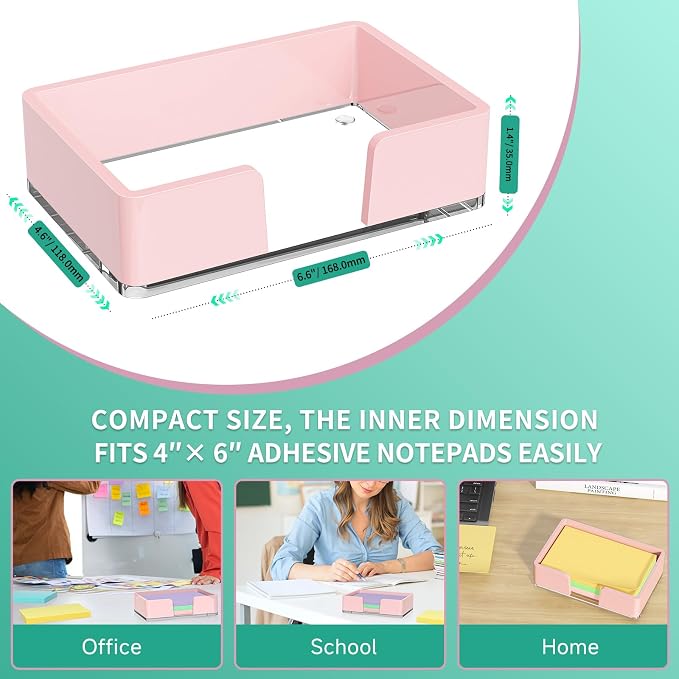 Sticky Note Holder, Pink Acrylic Notepad Holder 4x6 in Self-Stick Note Dispenser Office Desk Accessories, Memo Pad Holder Organizer for Classroom School Supplies
