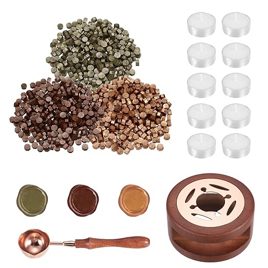 PATIKIL Wax Seal Kit, 300 Pcs Wax Sealing Beads, Wooden Warmer, Melted Spoon, 10 Pcs Tealight Candles for Envelope Letter Mailing Crafts DIY, Red Copper/Antique Bronze/Copper Gold