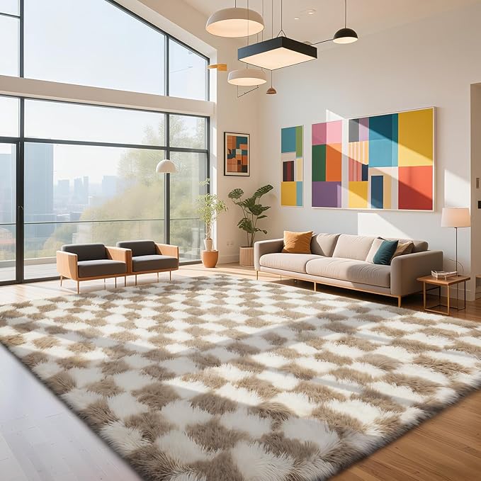 Checkered Rug for Living Room, 8x10 Beige and White Area Rugs, Classic Checkered Carpets Shag Area Rug, Bedside Rugs for Living Room Bedroom Room Home Decor
