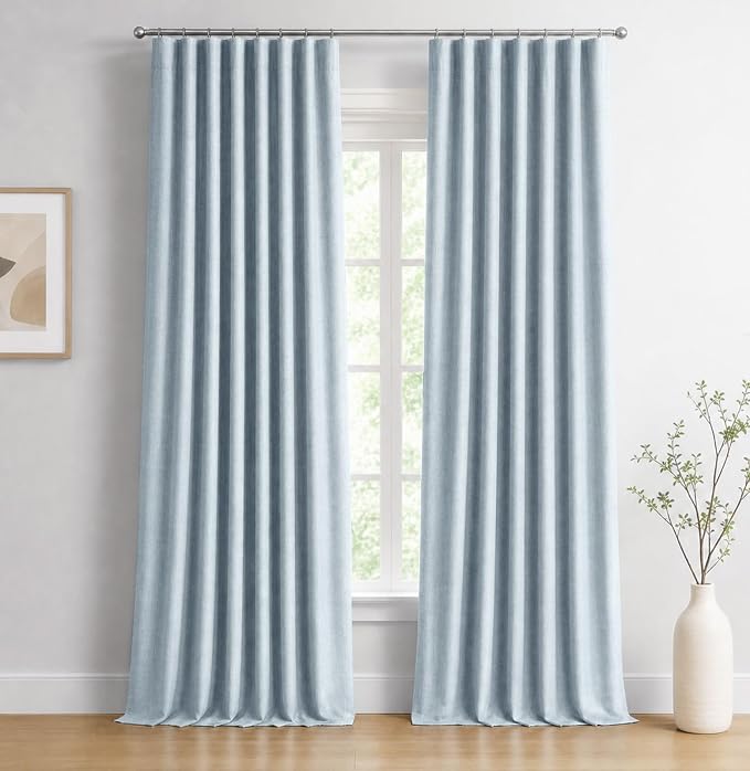 INOVADAY 100% Blackout Curtains for Bedroom, Black Out Curtains 96 Inch Long, Clip Rings Linen Blackout Drapes, Thermal Insulated Room Darkening for Living Room, 2 Panels - Chambray Blue,W50xL96