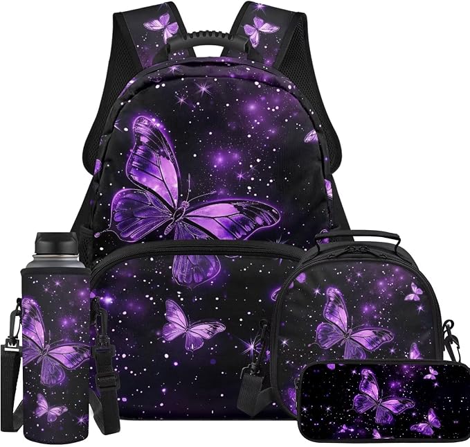 Ystardream Retro Butterfly Book Bags for Girls Backpack with Lunch Box Pencil Case Water Bottle Sleeve 4 in 1 for Girls Teens 14 Inch Laptop Bookbag Kindergarten Elementary Schoolbag with Front Pocket
