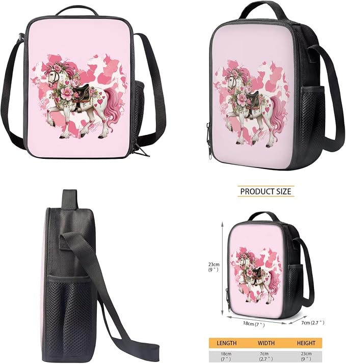 WELLFLYHOM Kids Western Horse School Backpack Elementary Book Bag for Girls | Cowgirl Pink Back Pack with Lunch Bag Pencil Case Water Bottle Cover Kids Daycare Bag Gift for Back to School Season