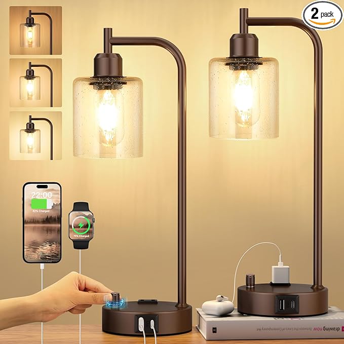 Innqoo Industrial Table Lamps for Bedrooms Set of 2 - Fully Dimmable Bedside Lamps with USB Ports and Outlet, Brown Nightstand Lamps with Glass Shade for Living Room, Desk Lamps for Office Reading