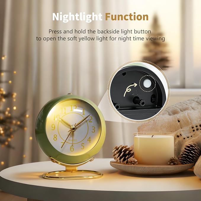 Analog Alarm Clock, Retro Small Desk Clock with Night Light, Cute Simple Design, Silent Non-Ticking, Battery Powered, Backlight Clock for Bedroom,Travel,Kitchen,Bedside Desktop Decor