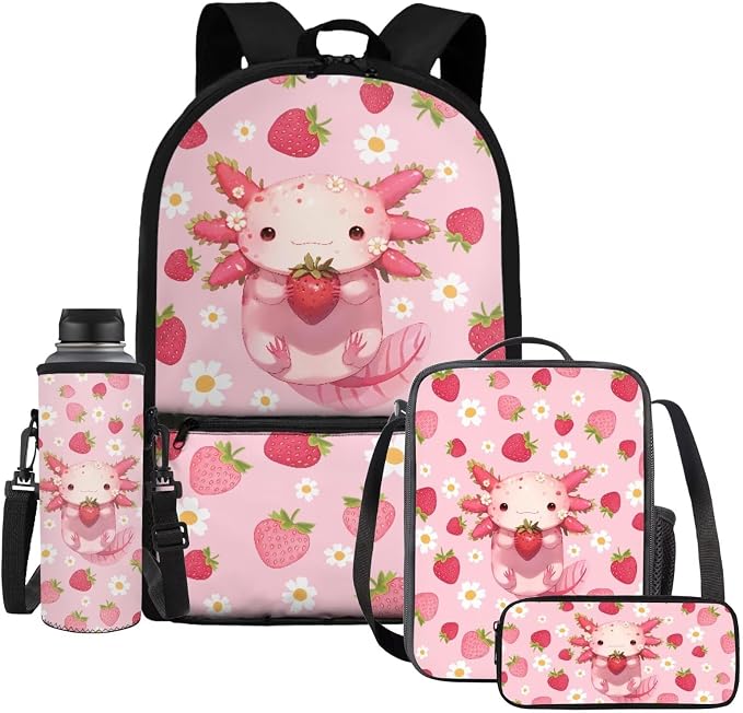 WELLFLYHOM Axolotl Girls Backpack Set 6-8 Kids School Book Bag Lunch Box Pencil Case Water Bottle Sleeve Strawberry Daisy Elementary Daycare Bag for School Back to School Gift