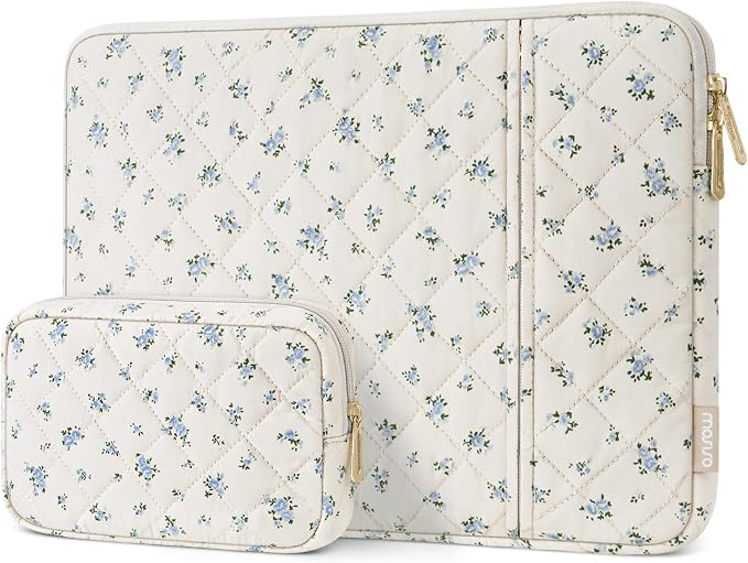 MOSISO 13-13.3 inch Laptop Case, 13.3 inch Puffy Laptop Sleeve Compatible with MacBook Neo/Air 13.6/Pro 13/Pro 14, HP Dell ASUS Lenovo, Square Quilted Ditsy Floral Vertical Bag&Small Case, Blue