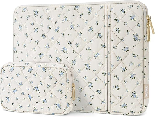 MOSISO 13-13.3 inch Laptop Case, 13.3 inch Puffy Laptop Sleeve Compatible with MacBook Neo/Air 13.6/Pro 13/Pro 14, HP Dell ASUS Lenovo, Square Quilted Ditsy Floral Vertical Bag&Small Case, Blue