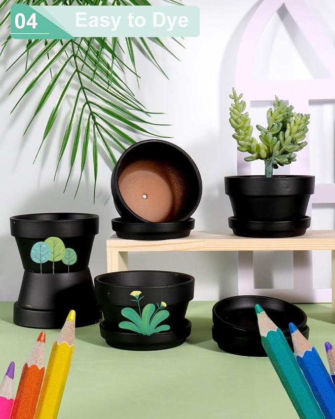 vensovo 5.7 Inch Black Terracotta Shallow Succulent Pots - 6 Pack Terra Cotta Clay Pot with Saucer, Cacuts Indoor and Outdoor Planters with Drainage Hole