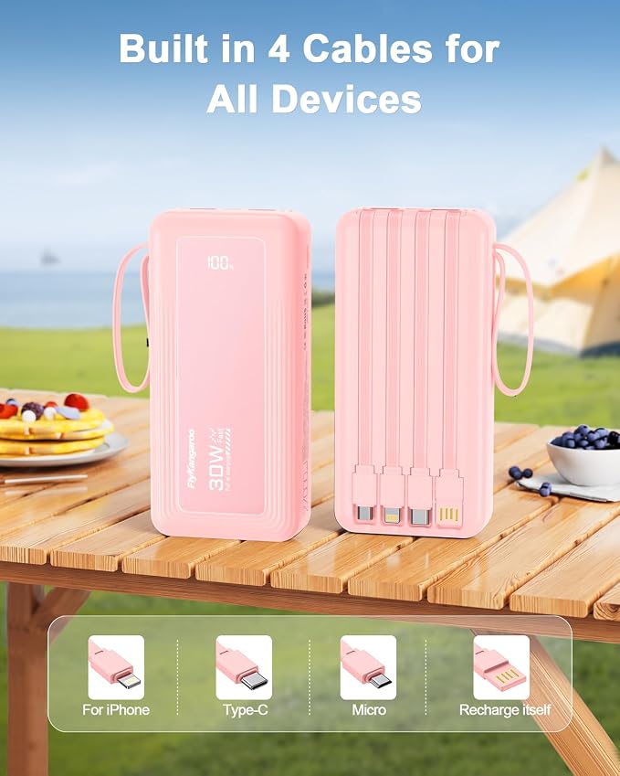 Portable Charger with Built-in Cables, 27000mAh Slim 30W Fast Charging Power Bank with LED Display, USB C Battery Pack 6 Outputs & 2 Inputs, Travel Essential Charger for iPhone, Samsung, Google etc