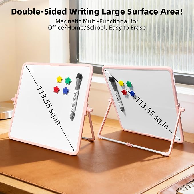 Colorful Dry Erase White Board 11x11in, Magnetic Desktop Board with Stand, 2 Markers (Eraser Head), 4 Magnets - Double-Sided Easel for Daily Planning, Office/Home/School (Pink)