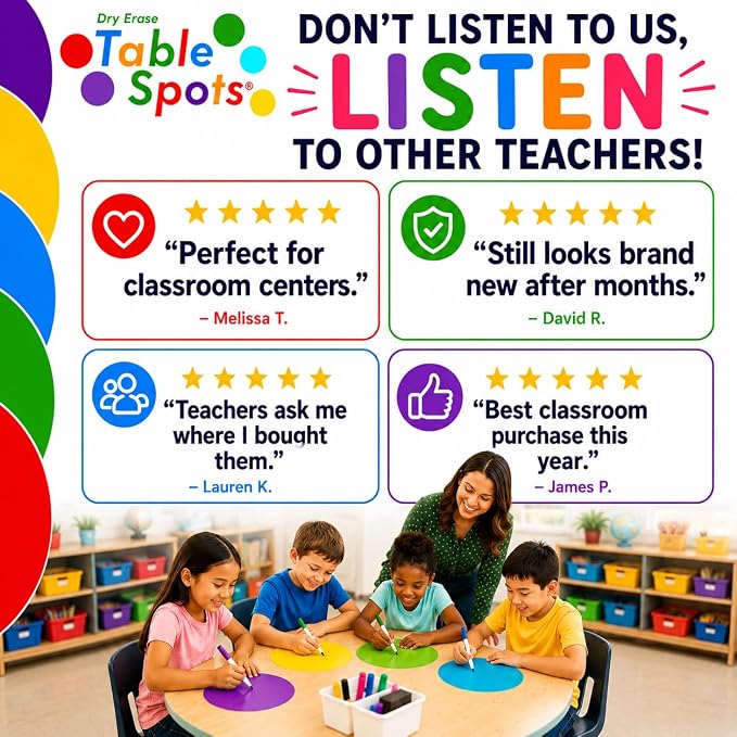 NEW Larger Size! | The Original Table Spots for Teachers | No Staining, No Shadowing, Complete Erase! Dry Erase, 10 Pack Multicolor Circles, Wall Stickers, Decals