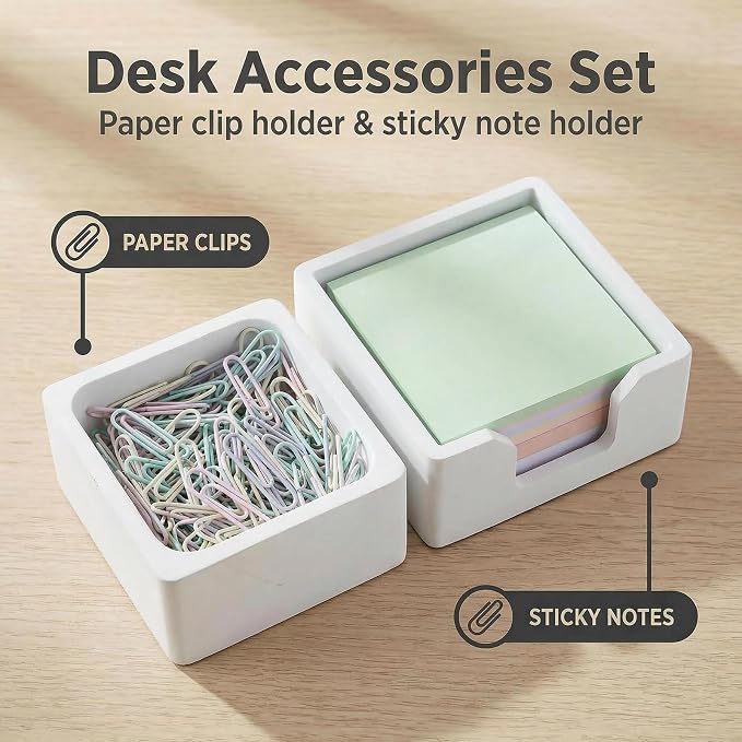 Concrete Desk Organizer Set of 2 - Minimalist Sticky Note Holder & Paper Clip Dispenser - Heavy Duty Office Desk Accessories with Non-Slip Base for Home Workspace Organizer & Desk Decor, White