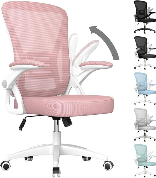 naspaluro Home Office Desk Chair Mid Back with Adjustable Height Pink | Comfy Ergonomic Chair with Flip-Up Arm and Lumbar Support, Breathable Mesh Swivel Computer Chair for Study Working Teacher