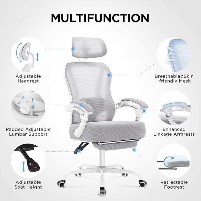 Ergonomic Office Chair with Footrest,Ultra Thick Desk Chair,Grey | 150°Reclining,Mesh High Back,Adjustable 2D Lumbar Support and Headrest,4.8" Spring Cushion,Premium Computer Chair for Adults