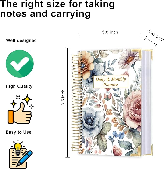 Undated Daily Monthly Planner for 2026 or Anytime - A5 To Do List with Hourly Schedule, Hardcover Spiral Bound Daily Planner to Increase Focus, Stylish School/Office Supplies, 5.8" x 8.5", Flower