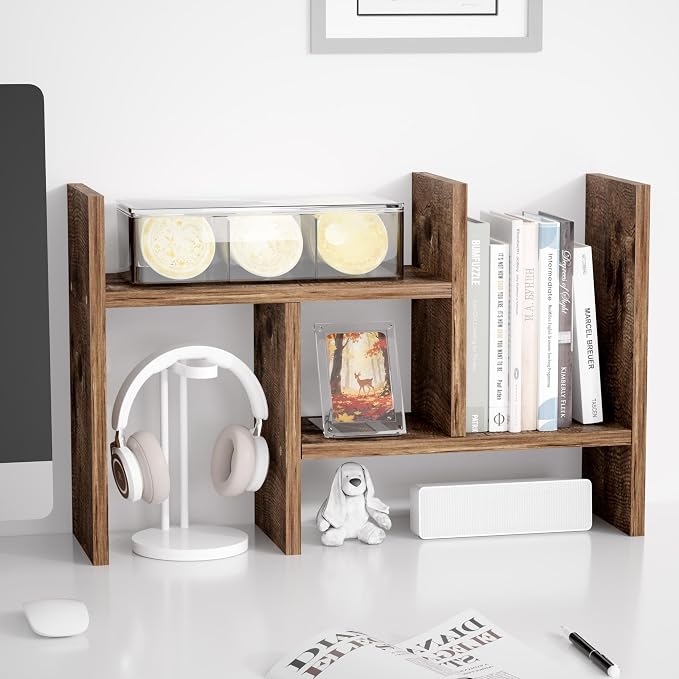 Jerry & Maggie Desktop Organizer Office Storage Rack Adjustable Wood Display Shelf Free Style Double H, Multi-Functional Mini Bookshelf for Desk Natural Stand (Natural Wood Tone)