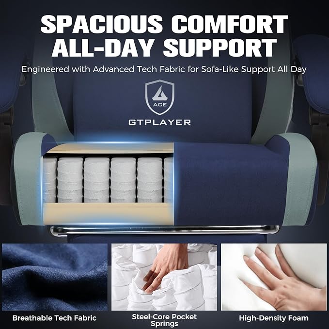 GTPLAYER Big and Tall Gaming Chair 350lbs Heavy Duty Office Chair with Foot Rest, High Back Pocket Spring Ergonomic Computer Chair for Adults, Wide Comfy Seated Cushion with Linkage Armrests,Dark Blue