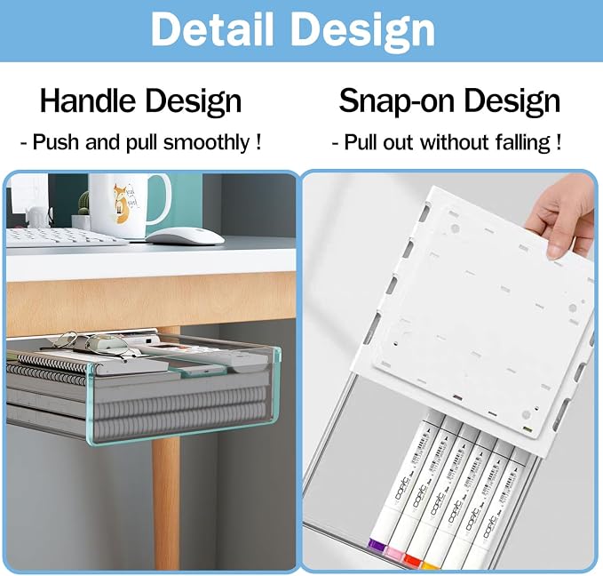 SVNNELP Large Under Desk Table Drawer Storage Organizer A4, Hidden Self-Adhesive Under Desk Pencil Tray Drawer for Office (Clear Black/L)
