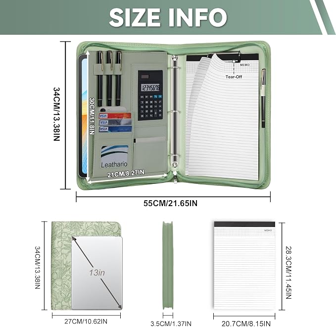Leathario Portfolio Binder, Includes 5 Sheet Protectors and a Pen, 13 Inch Tablets Organizer, Vegan Leather A4 Padfolio, Multi-Pocket Notepad Business Planner Professional Document