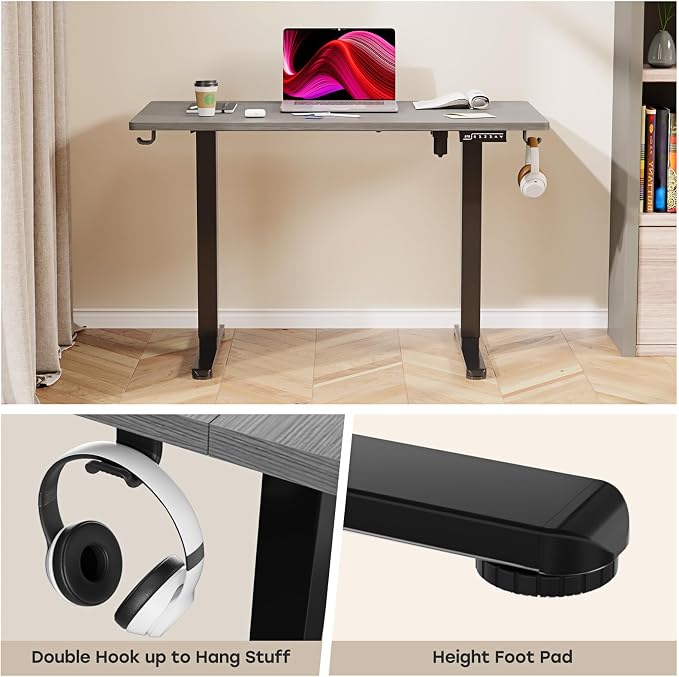 Grey Electric Standing Desk, 48 X 24 Inch Adjustable Height Table, Sit Stand Desk with 2 Hooks, Ergonomic Rising Workstation with Splice Board