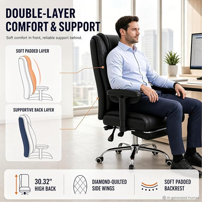 Big and Tall Office Chair Heavy Duty Wide Executive Office Chair (Black) | Breathable Leather，Double-layered Backrest，Seat Cushion Designed of Deluxe Embroidery Leather，Foot Rest, Adjustable Armrests