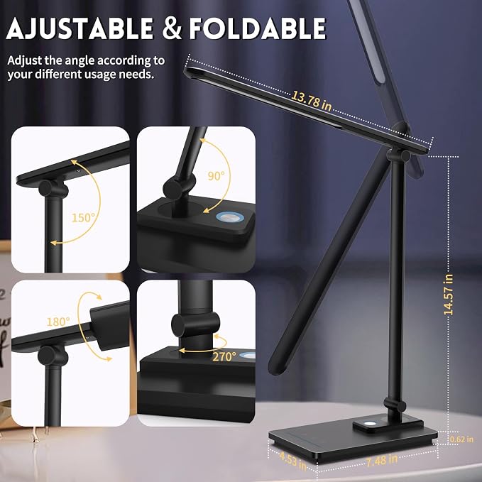 LED Desk Lamp for Home Office, USB Charging Port, Reading Desk Light with 5 Color Temperatures, Stepless Dimming, Table Lamp with Timer, Night Light, Foldable Desk Lamp for College Dorm Room (Black)