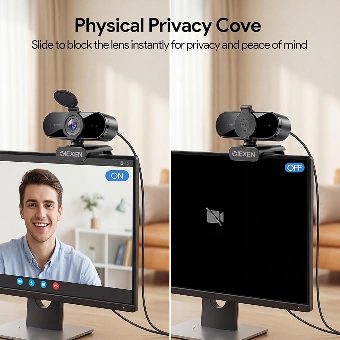 1080P Webcam with Microphone Noise Reduction, Auto Exposure, 90°FOV Wide Angle, Privacy Cover, USB-A to C Adapter, Plug & Play Streaming Camera for PC/Mac/Switch 2, Zoom/Teams/Skype/Meetings