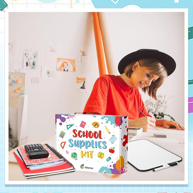 Gilprop 1 Set School Supply Kit 97 Pcs Per Set Back to School Essentials Bundle Pencils Scissors Glue Highlighter Marker Pen Notebook Eraser Sharpener Calculator Stapler for Middle High Students