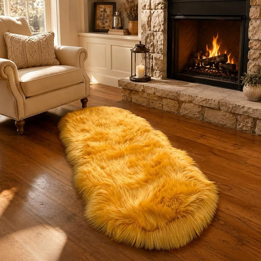 EasyJoy Faux Sheepskin Rug, Fluffy Faux Fur Rug, Ultra Soft Shag Area Rug with Non-Slip Backing for Bedroom, Living Room, Nursery, Kids Room(2 x 6 ft Sheepskin, Golden Yellow)