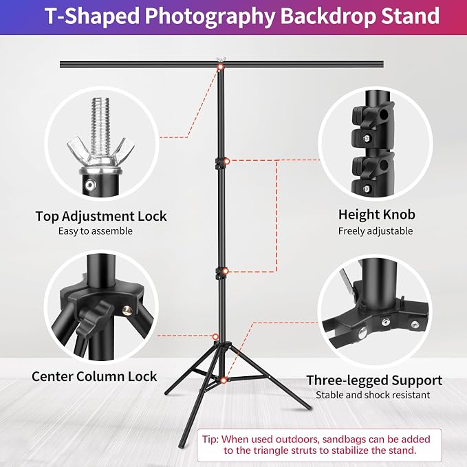 Black White Backdrop Screen with Stand Kit 5x6.5ft for Photo Video Studio, 2-in-1 Revisible Black Backdrop White Screen with T-Shaped Photography Background Support Stand and 5 Clamps