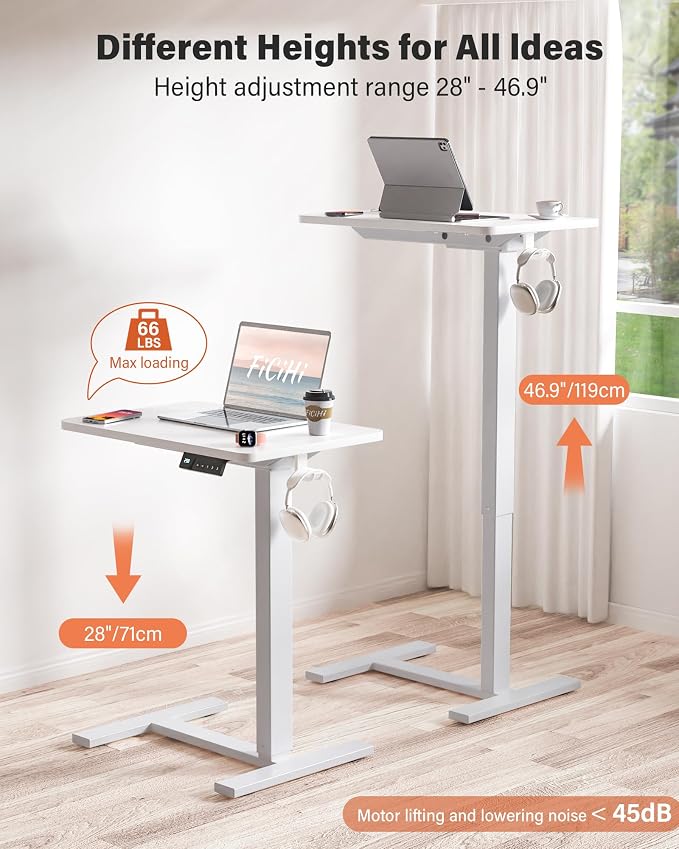 FiCiHi Electric Standing Desk with Wheels – Adjustable Height Mobile Sit-Stand Laptop Table, Portable Rolling Small Computer Workstation for Home Office & Bedside Use (28"x16", White)