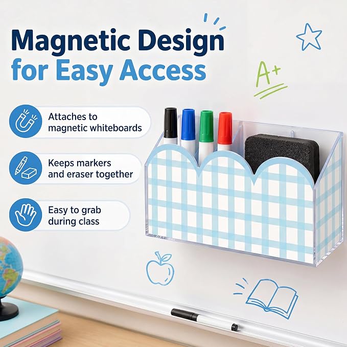 SiliFine Scalloped Magnetic Dry Erase Marker Holder Blue Gingham Acrylic Pen Holder Magnet Classroom Desk Organizer Pencil Cup for Back to School Whiteboard Office Desk Locker Refrigerator Accessories