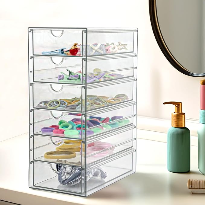 Clear Drawer Organizer, Transparent Plastic Storage Drawers, Hair Accessaries Organizer Case Display Stand, Acrylic Organizers for Organizing Eyeglass, Hair Ties, Accessories (Large - 6-Drawer)