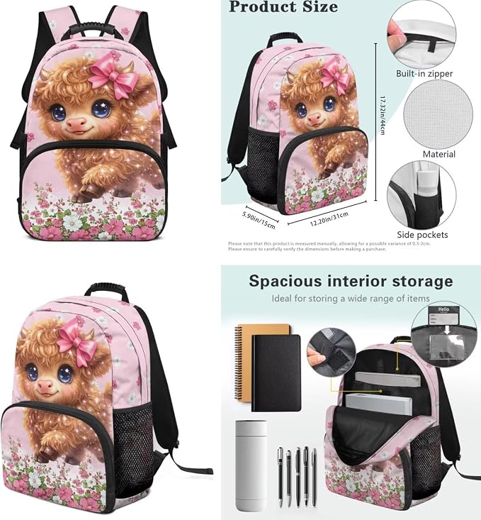 ZFRXIGN Cute Highland Cow Kids Backpack for Girls 4-6 6-8 Bookbag with Cute Pendant 17inch Elementary School Bag and Insulated Lunch Box Portable Pencil Case
