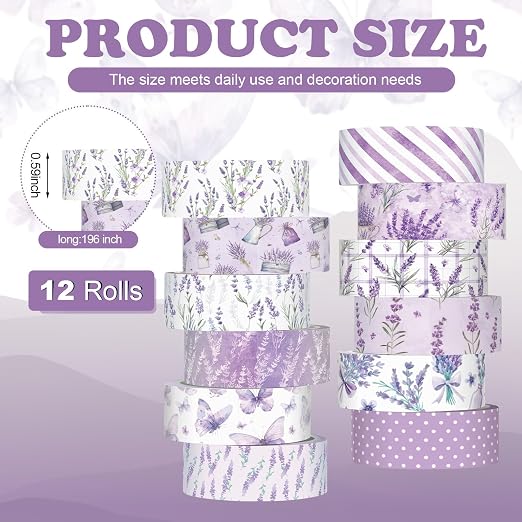12 Rolls Watercolor Floral Washi Tape Set 15 mm Vintage Flower Decorative Masking Tape for Summer School Arts DIY Craft Scrapbook Journal Supplies Gifts(Purple,Lavender)