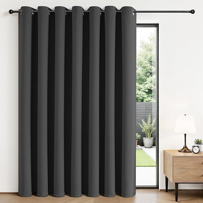 Joydeco Blackout Patio Sliding Door Curtains 90 Inches Long, Grommet Privacy Room Divider Curtains, Extra Wide Thermal Blackout Drapes for Bedroom Living Room (Grey, 80Wx90L, 1 Panel)